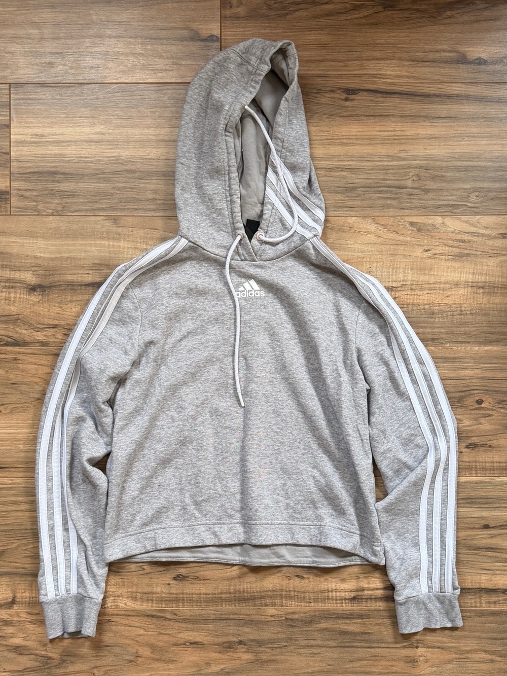 adidas Gray Cropped Hooded Sweatshirt with White Stripes